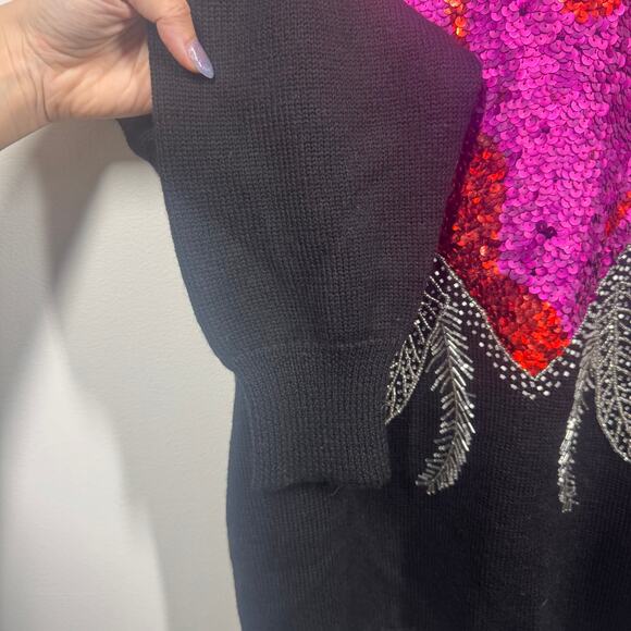 Semplice Sweater Women M Black 100% Wool Sequined Beaded Heart Signed VTG 90's - Picture 5 of 7